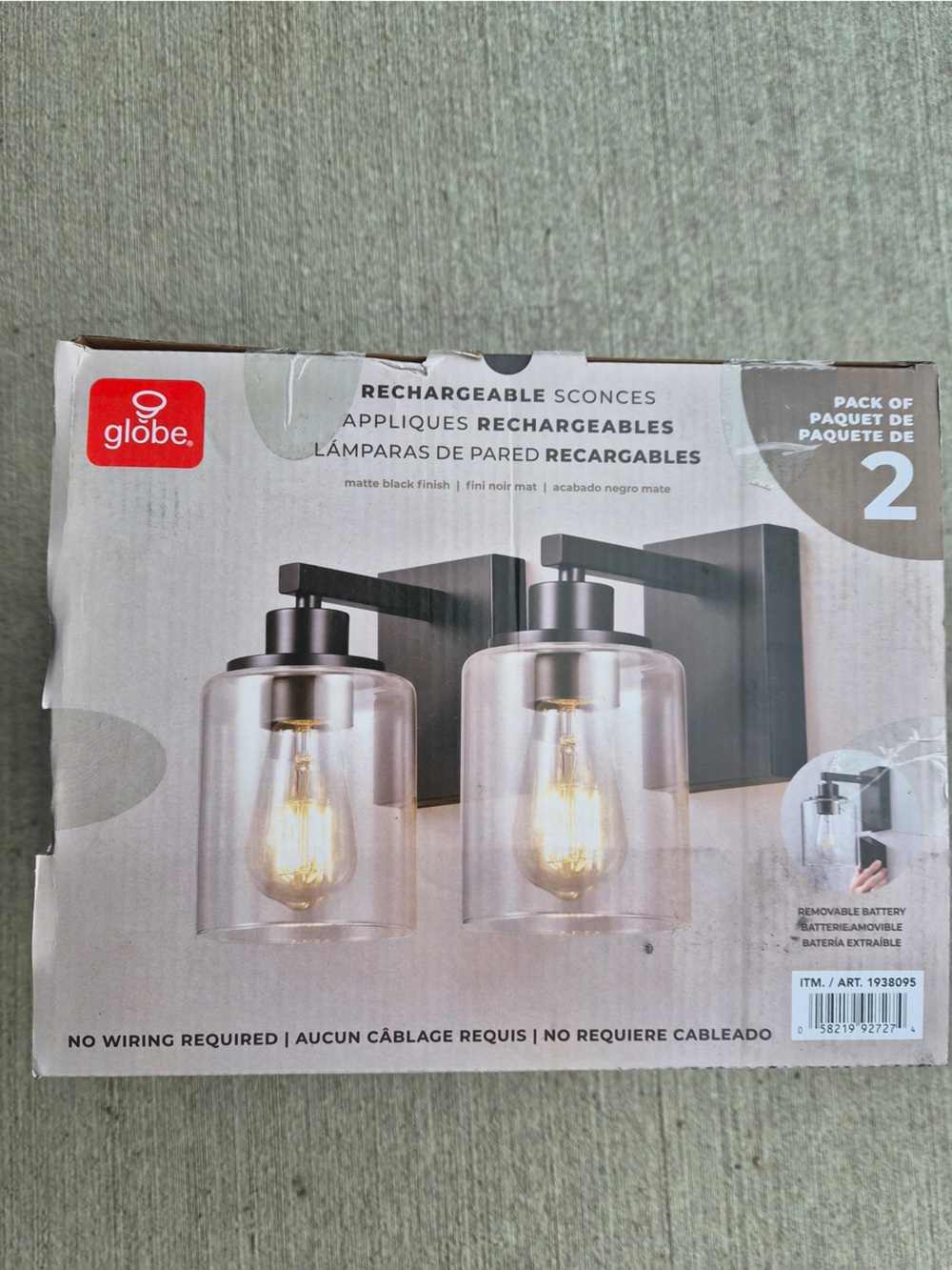 Globe Black and Clear Glass Rechargeable Wall Sconce Duo